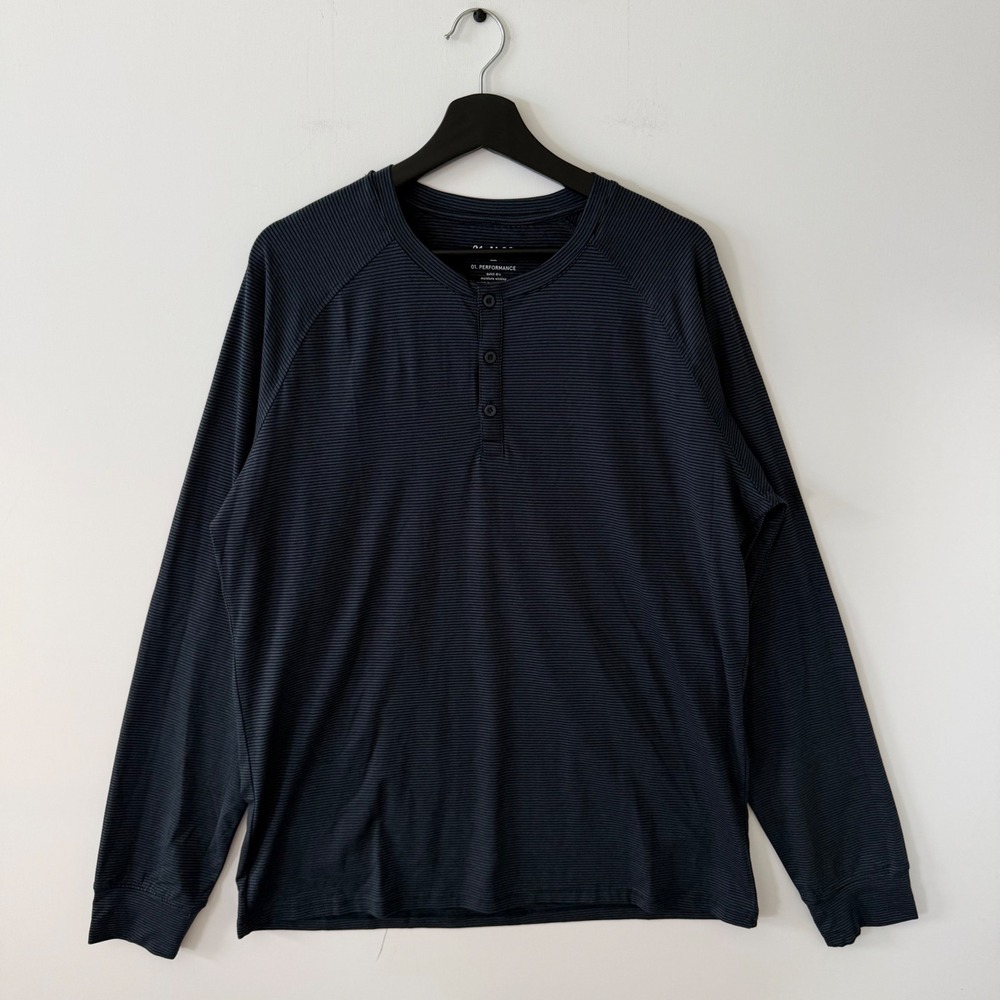 01.ALGO Mens Performance Long Sleeve Henley Shirt Navy Blue Stripe Large L